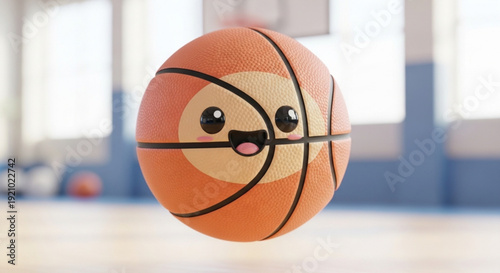 Smiling cartoon basketball with eyes and tongue out in mid air on indoor court background