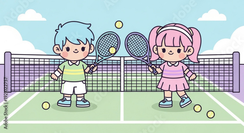 Two kids playing tennis on green court with rackets and balls under sunny sky