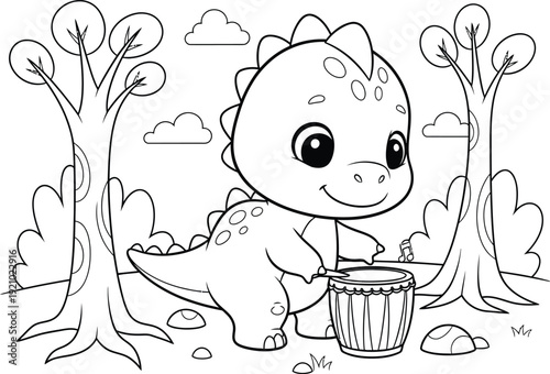 a charming black and white illustration features a cute baby dinosaur happily playing a drum in a whimsical forest landscape