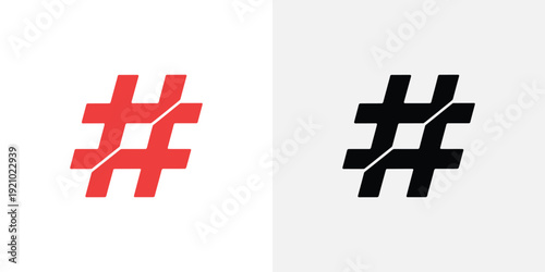 Red and black hashtag symbols on white and gray backgrounds