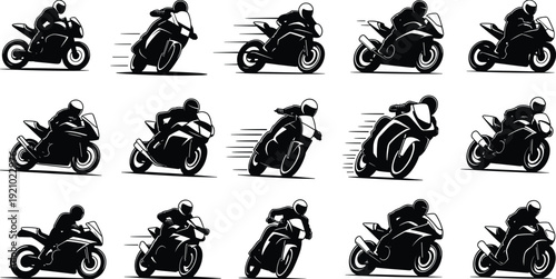 Black motorcycle rider silhouettes set, sport bike racing icons, speeding motorbike vector collection, biker stunting graphics, moto sport silhouette clip art