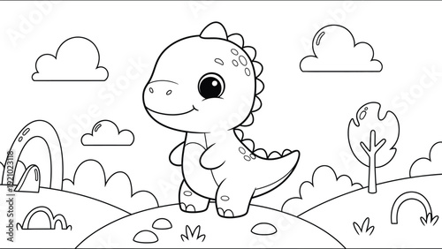a charming black and white illustration depicts a cute baby dinosaur standing in a whimsical landscape with clouds and trees