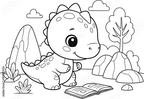 a charming cartoon dinosaur is happily engrossed in reading a book amidst a picturesque landscape with mountains and clouds high quality