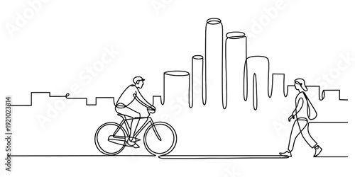 Continuous line drawing of a man riding a bicycle and a woman walking in a modern city skyline. Vector, illustration