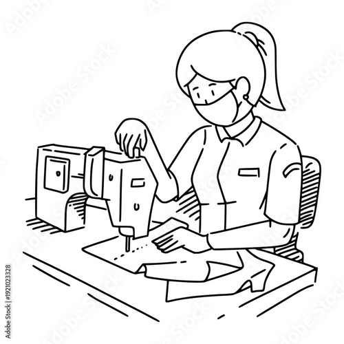 Female Garment Worker Sewing in Textile Factory Line Art Illustration