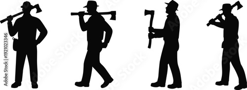 Lumberjack worker silhouettes carrying axe on shoulder, woodcutter team collection, forestry occupation people illustration concept set