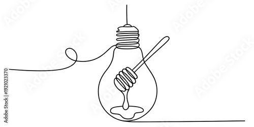 Continuous line art illustration of a light bulb containing a honey dipper and dripping honey.