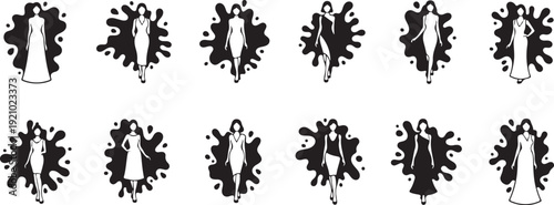 Collection of stylish fashion illustrations featuring women in elegant dresses with decorative splatter effects around them