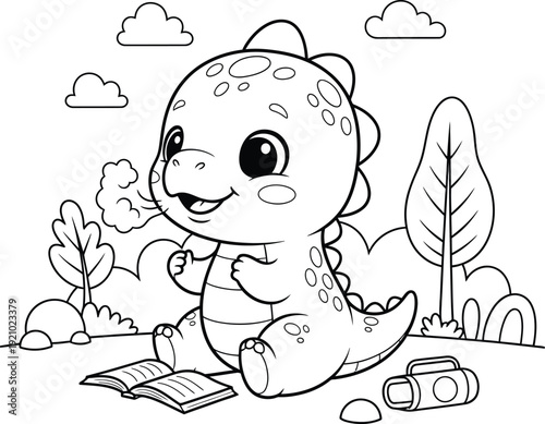 a charming illustration depicts a cute baby dinosaur reading a book outdoors beneath fluffy clouds and lush foliage high quality professional