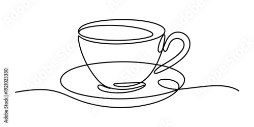 Simple continuous line drawing of a cup of coffee and a saucer on a white background.