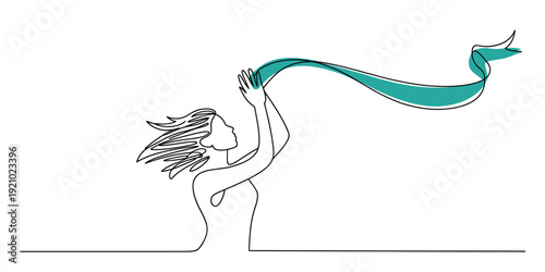 Line drawing of a woman with hair blowing in the wind holding a long teal ribbon in the air.