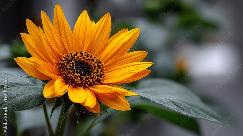 Fototapeta premium Macro shot of a vibrant yellow sunflower in full bloom with green leaves.