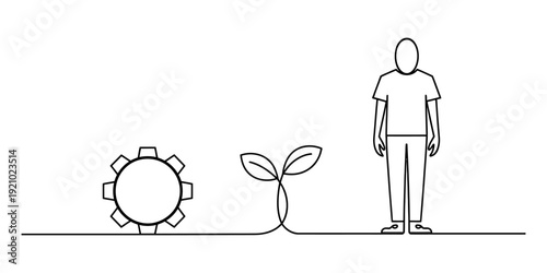Continuous line art depicting a gear plant and man representing environmental innovation Vector, illustration