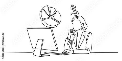 Businesswoman analyzing financial data on a computer with a pie chart and dollar sign Vector, illustration