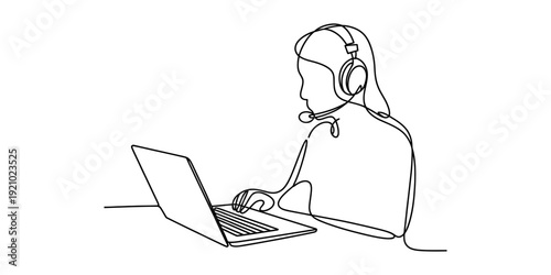 Continuous line drawing of a woman wearing a headset while working on her laptop computer Vector, illustration