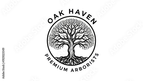 Oak Haven Premium Arborists logo with a detailed tree illustration.