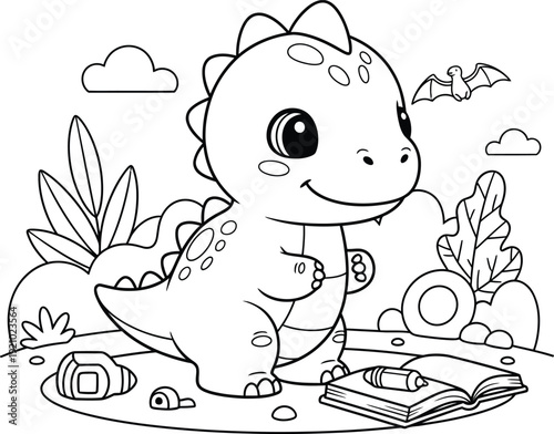 a charming black and white illustration depicts a cute baby dinosaur reading a book outdoors with clouds and plants high quality