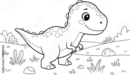 a charming black and white illustration depicts a friendly dinosaur walking through a simple landscape with plants and hills high quality