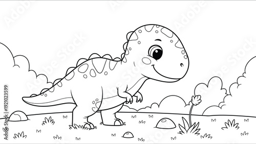 a charming black and white illustration depicts a cute baby dinosaur walking through a simple landscape with plants and rocks