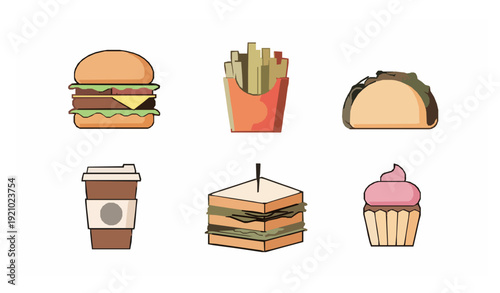 Minimalist Cartoon Fast Food Icon Collection Vector Illustration