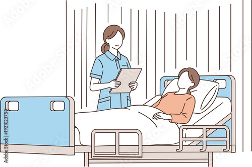 Nurse checking patient in hospital bed with medical chart, healthcare monitoring and inpatient care concept illustrating clinical treatment, recovery, and professional nursing service