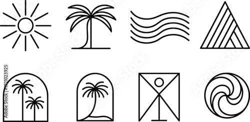Summer Vacation Line Icons Set, Sun Palm Tree Ocean Waves Beach Tent and Tropical Symbols Vector Illustration Collection