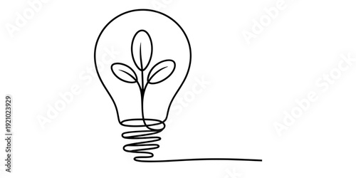 Minimalist continuous line art illustration of a lightbulb with a green sprout growing inside. Vector, illustration