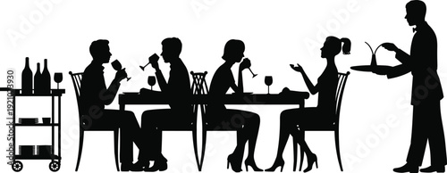 Black silhouette of elegant people dining in luxury restaurant with waiter serving wine and food on table over white background