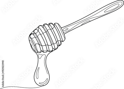 Single continuous line art drawing of a wooden honey dipper with honey dripping a minimalist vector illustration for food and healthy lifestyle concepts