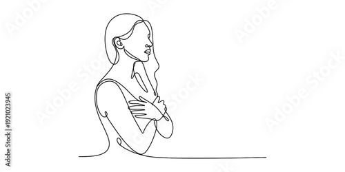Minimalist continuous line drawing of a pensive woman with crossed arms and long hair Vector, illustration