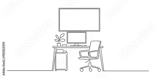 Minimalist continuous line drawing of a modern home office workspace with a desk and chair. Vector, illustration
