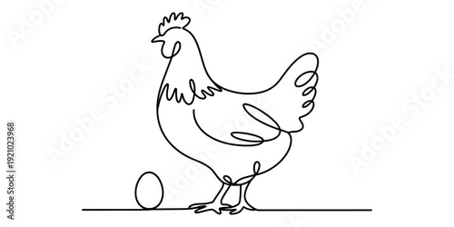 Continuous line drawing of a hen standing next to a single egg on a simple horizontal line. Vector, illustration