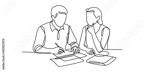 Continuous line drawing of a man and woman working together on documents at a desk
