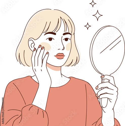 Young woman checking facial skin with mirror, beauty skincare routine concept illustrating healthy complexion, self care, and cosmetic treatment for clear glowing skin isolated on light background
