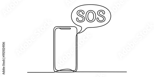 Continuous line drawing of a smartphone with a speech bubble showing an sos message.