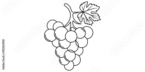 A simple black and white line drawing of a bunch of grapes with a single leaf and stem.