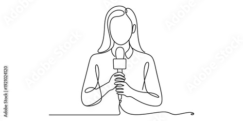 Continuous line drawing of a female news reporter holding a microphone for a broadcast.