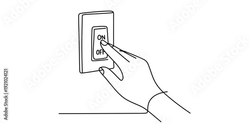 Line drawing illustration of a human hand pressing a light switch into the on position