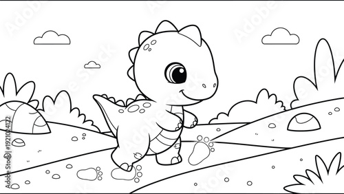 a charming black and white illustration depicts a cute baby dinosaur walking through a grassy landscape with clouds and plants