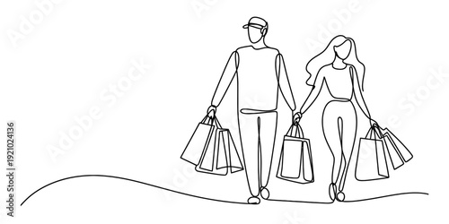 Continuous line drawing of a young couple walking and carrying many shopping bags