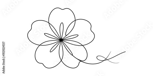 Minimalist one line drawing of a delicate flower with five petals and a decorative swirl.
