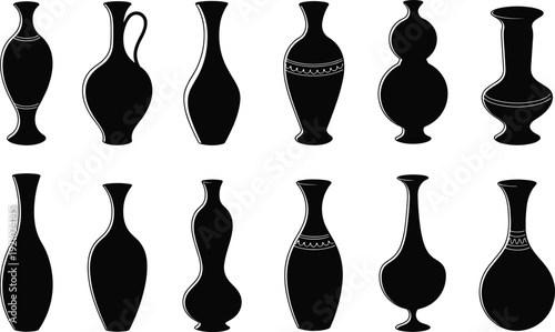 Black Silhouette Vector Set of Ancient Greek Amphorae Vases and Modern Ceramic Pottery Icons Isolated on White Background for Interior Design
