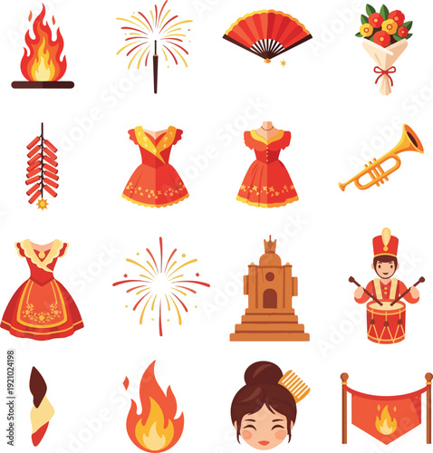 Valencia Las Fallas Festival Icon Set with Traditional Costumes, Fireworks, and Fire Elements