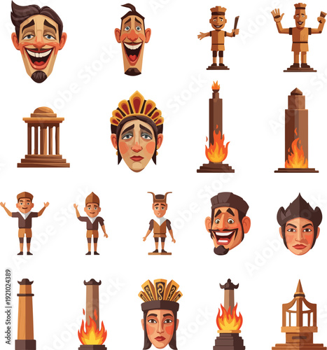 Valencia Las Fallas Ninot Characters and Fire Monuments Vector Icon Set for Spanish Spring Festival