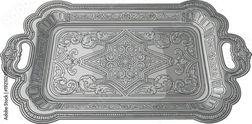 Elegant antique silver serving tray featuring intricate embossed patterns and decorative handles isolated on a white background