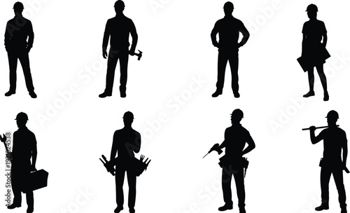 Professional worker silhouettes collection, builder engineer technician carpenter team with tools, occupation people set, industry illustration concept