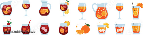 Red Sangria and Orange Cocktails Collection for Spanish Las Fallas Festival and Spring Celebration