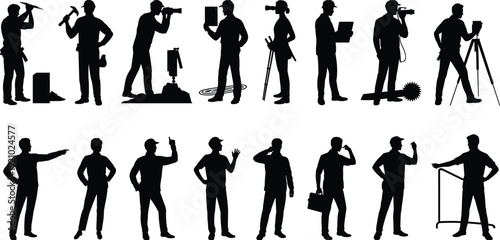 Professional worker silhouettes with camera tools gestures collection, photographer technician business team set, occupation people illustration concept