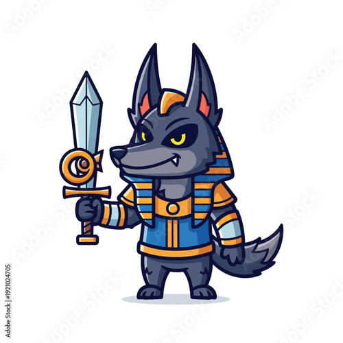 Cute Cartoon Anubis Character with Ankh Sword - Ancient Egyptian Jackal God Mascot Illustration