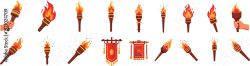 Valencia Las Fallas Festival Torch Collection with Burning Fire Flames and Traditional Red Banners